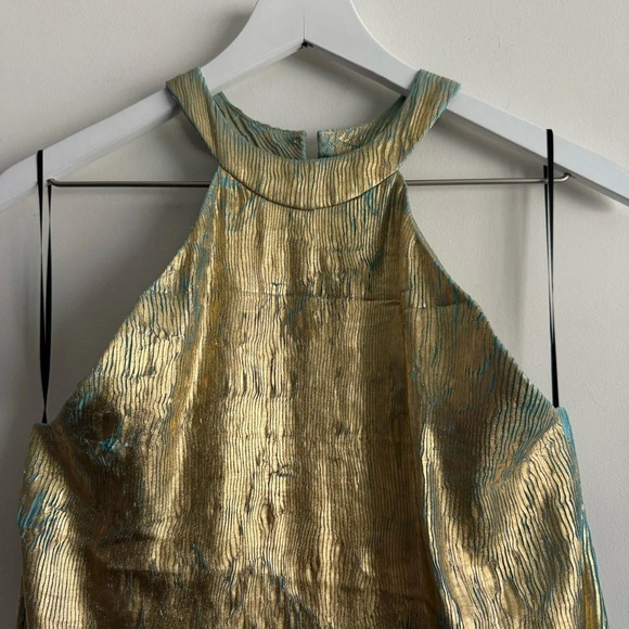 HALPERN Halter-neck Golden Foil Georgette Mini Dress size 38/4 - Picture 3 of 9